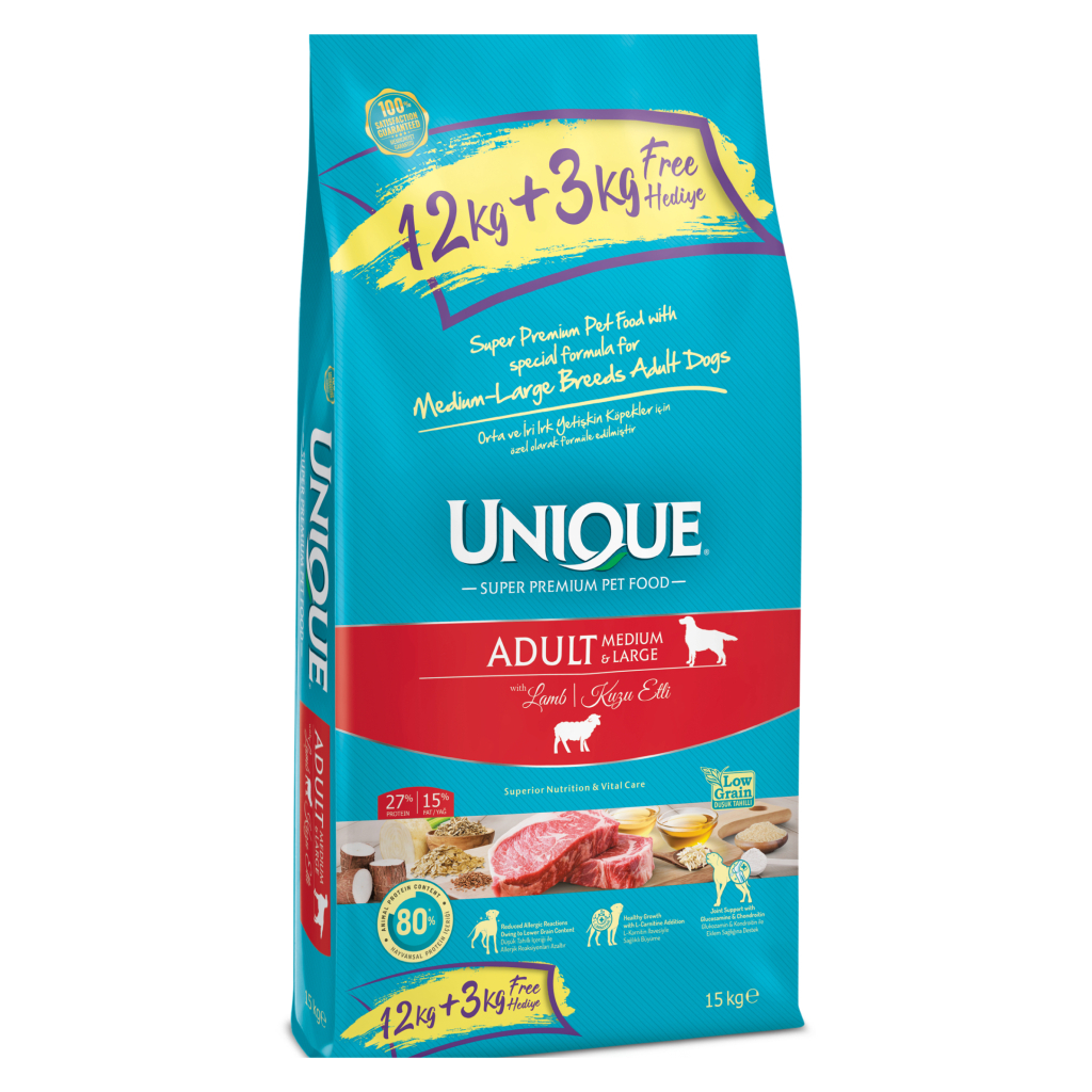 Unique Medium&Large Kuzulu Orta ve Büyük Irk Düşük Tahıllı Yetişkin Köpek Maması 12kg+3kg HEDİYELİ!