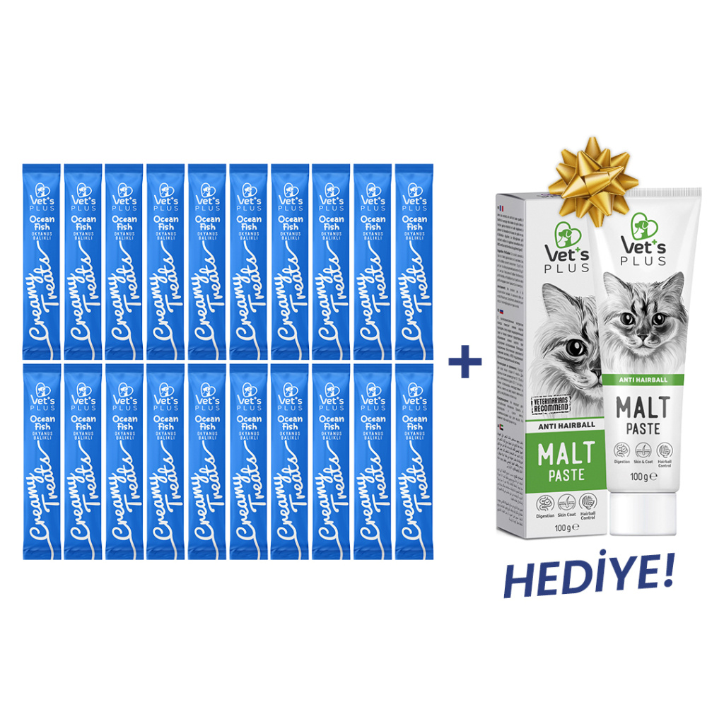 Vet's Plus Okyanus Balıklı Krema Kedi Ödül Maması 14gr (20 Adet)+100gr Malt Macun HEDİYE!
