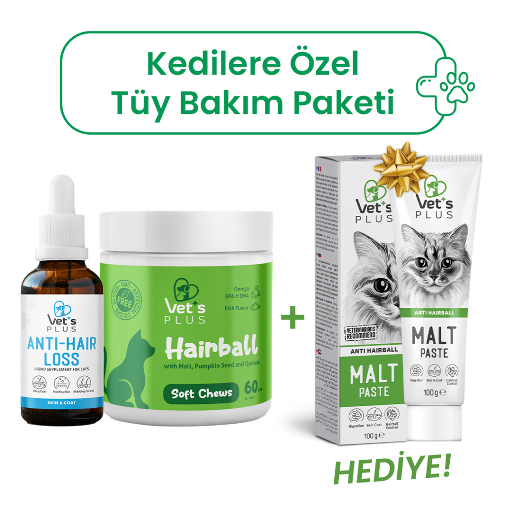 Vet's Plus Kedilere Özel Tüy Dökülmesi ve Tüy Yumağı Önleyici Paket+100gr Malt Macun HEDİYE!