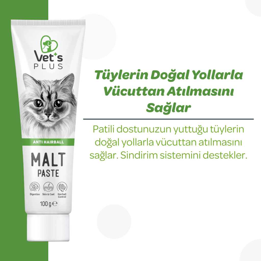 Vet's Plus Anti-Hairball Tüy Yumağı Önleyici Malt Kedi Macunu 100gr+5'li Krema Ödül HEDİYE!