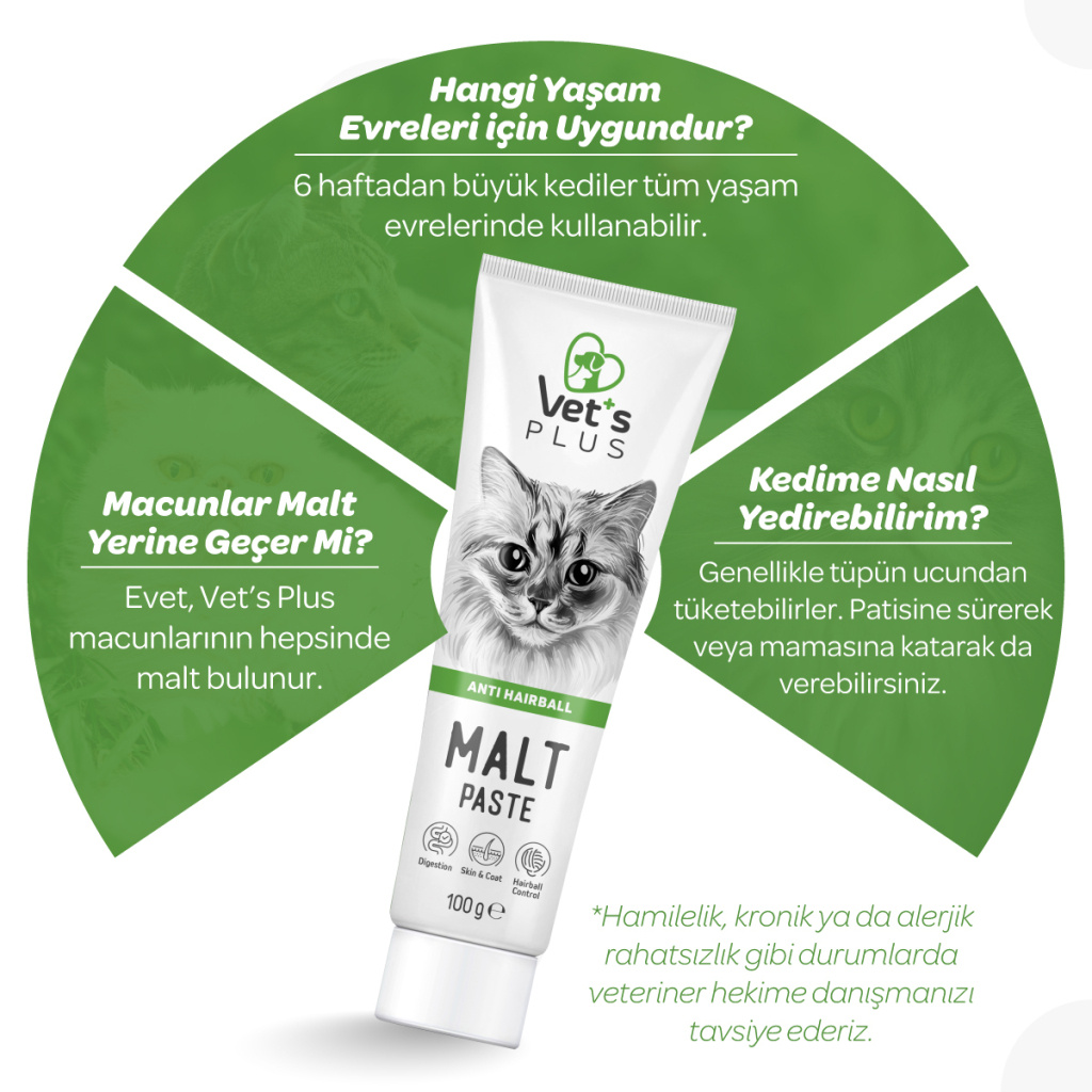Vet's Plus Anti-Hairball Tüy Yumağı Önleyici Malt Kedi Macunu 100gr+5'li Krema Ödül HEDİYE!