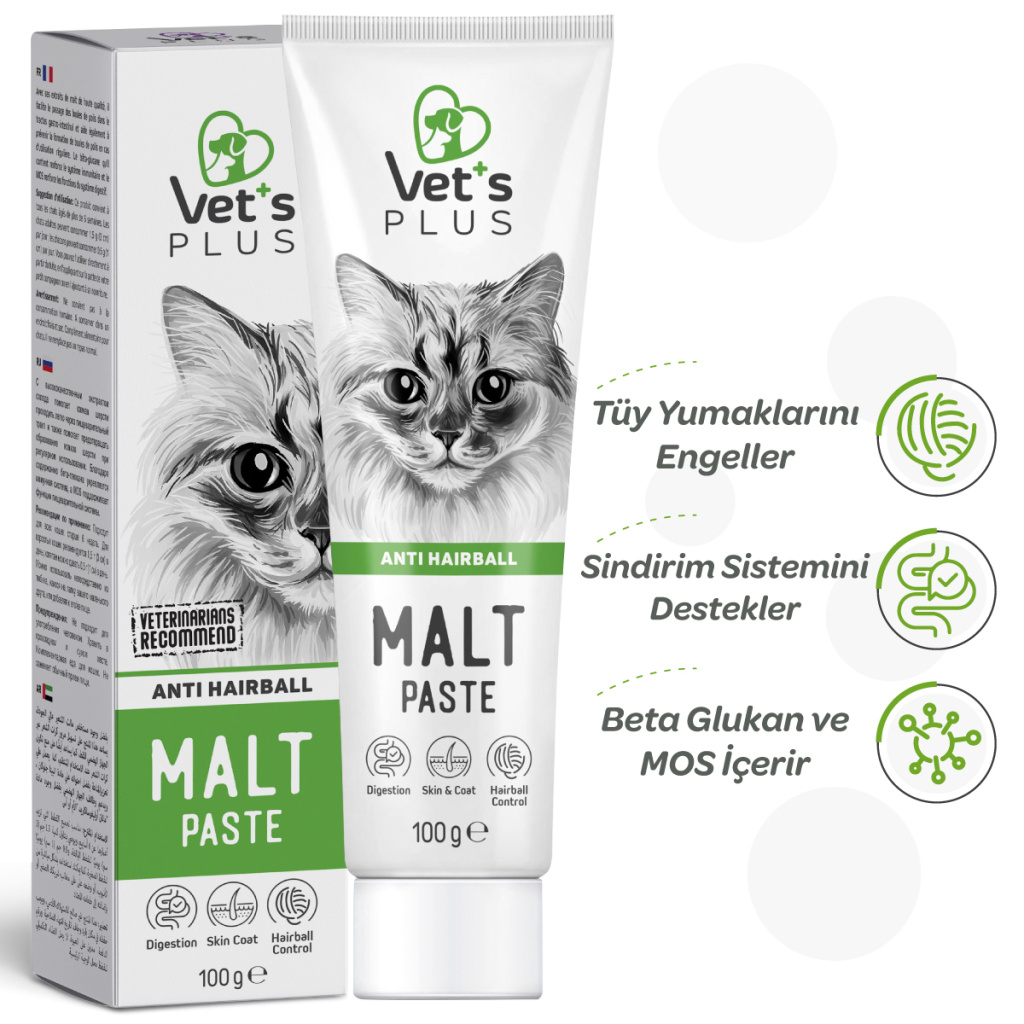 Vet's Plus Anti-Hairball Tüy Yumağı Önleyici Malt Kedi Macunu 100gr+5'li Krema Ödül HEDİYE!