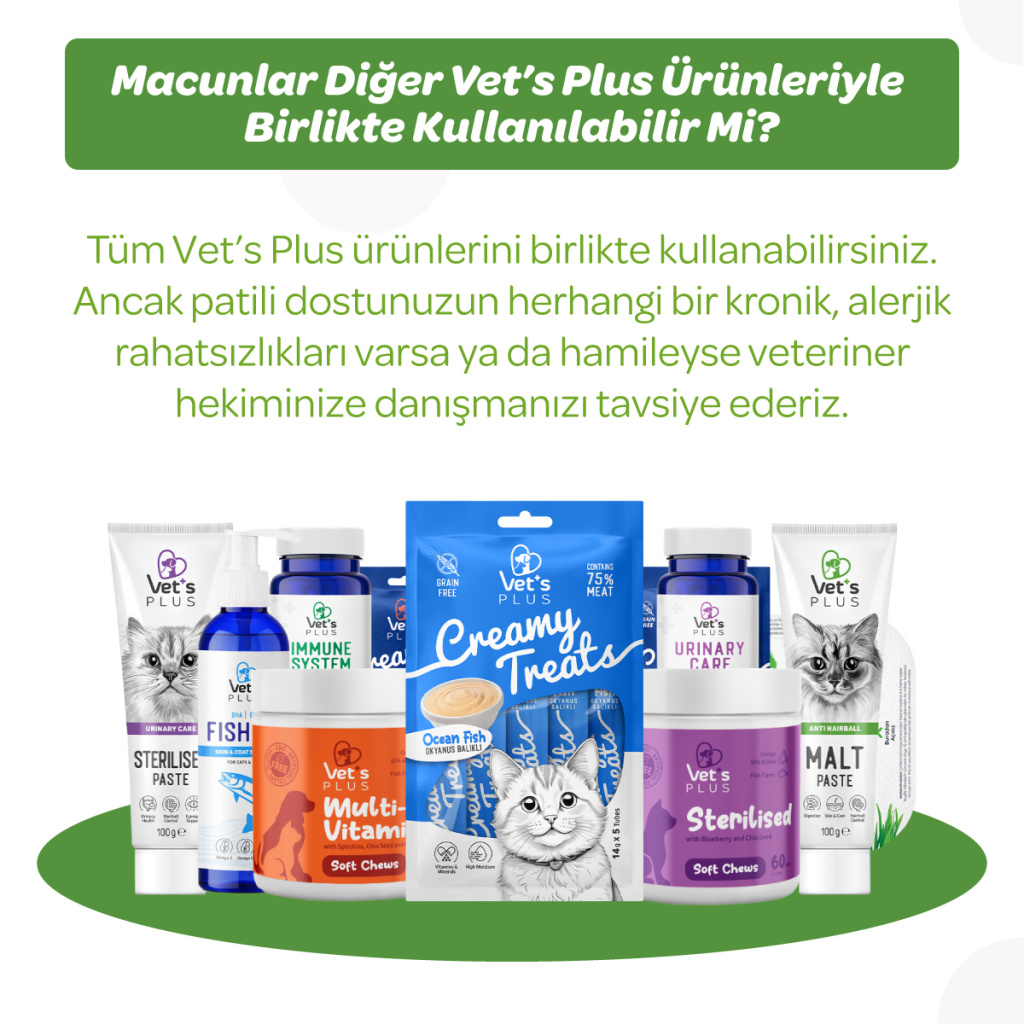 Vet's Plus Anti-Hairball Tüy Yumağı Önleyici Malt Kedi Macunu 100gr+5'li Krema Ödül HEDİYE!