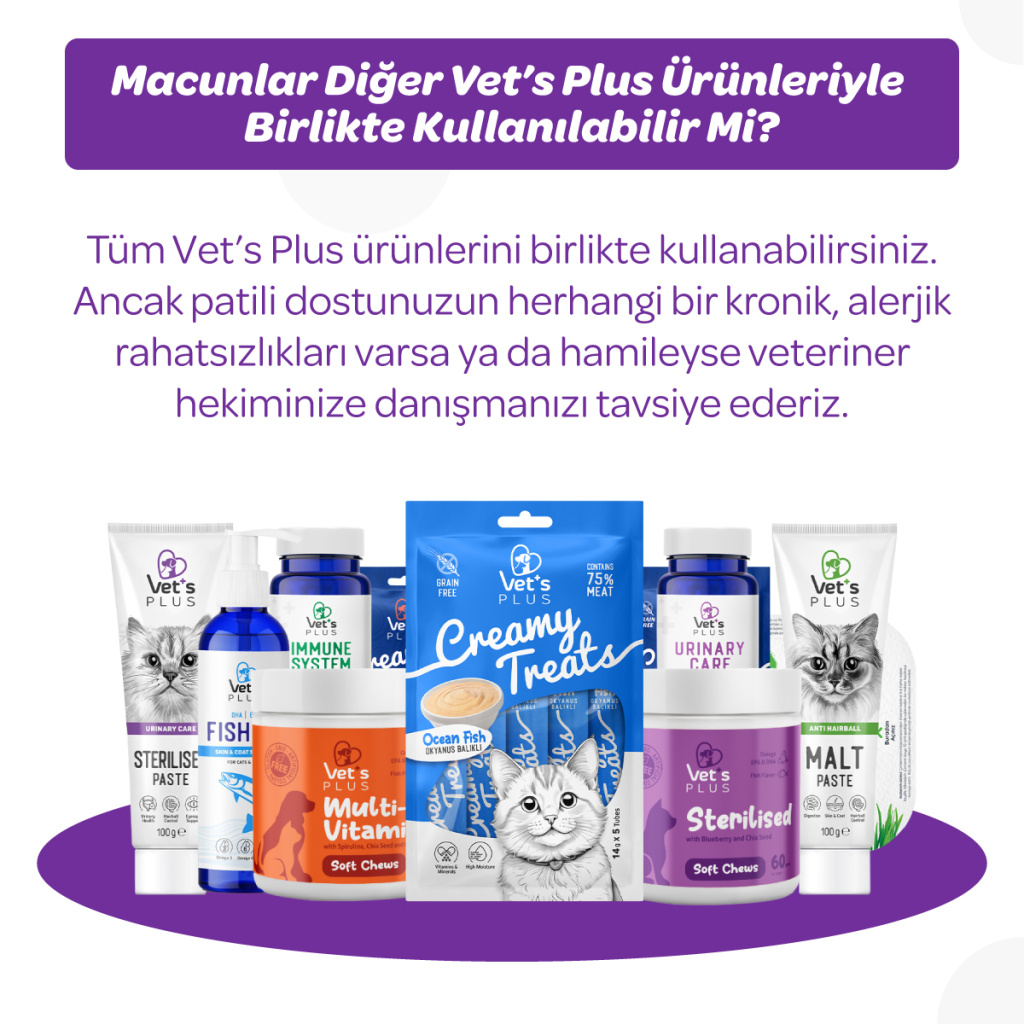 Vet's Plus Kısırlaştırılmış Kediler İçin Malt Kedi Macunu 100gr+5'li Krema Ödül HEDİYE!