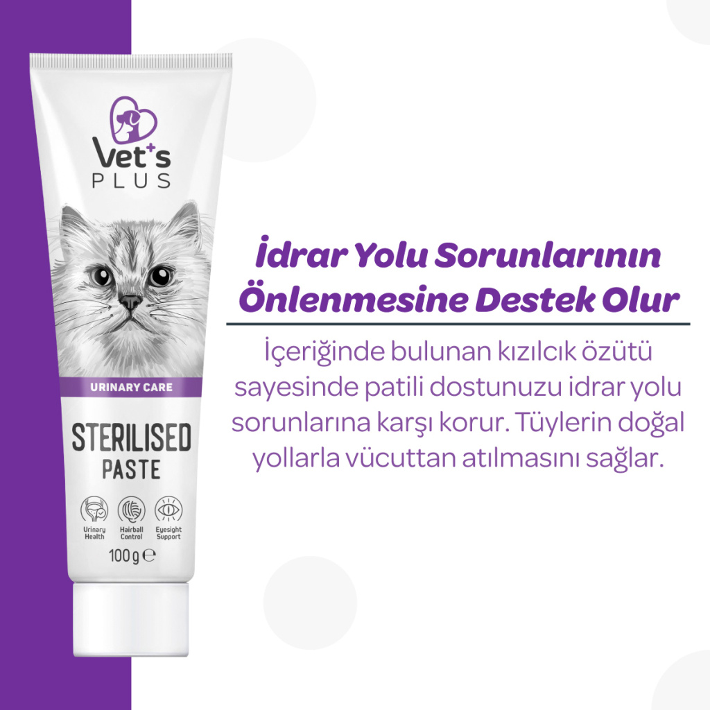 Vet's Plus Kısırlaştırılmış Kediler İçin Malt Kedi Macunu 100gr+5'li Krema Ödül HEDİYE!