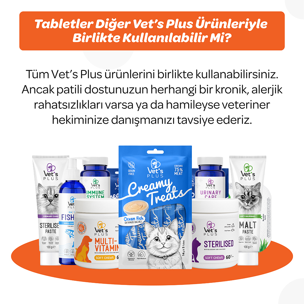 Vet's Plus Multi-Vitamin Kedi ve Köpekler İçin Spirulinalı Vitamin Çiğnenebilir Tablet (60'lı)