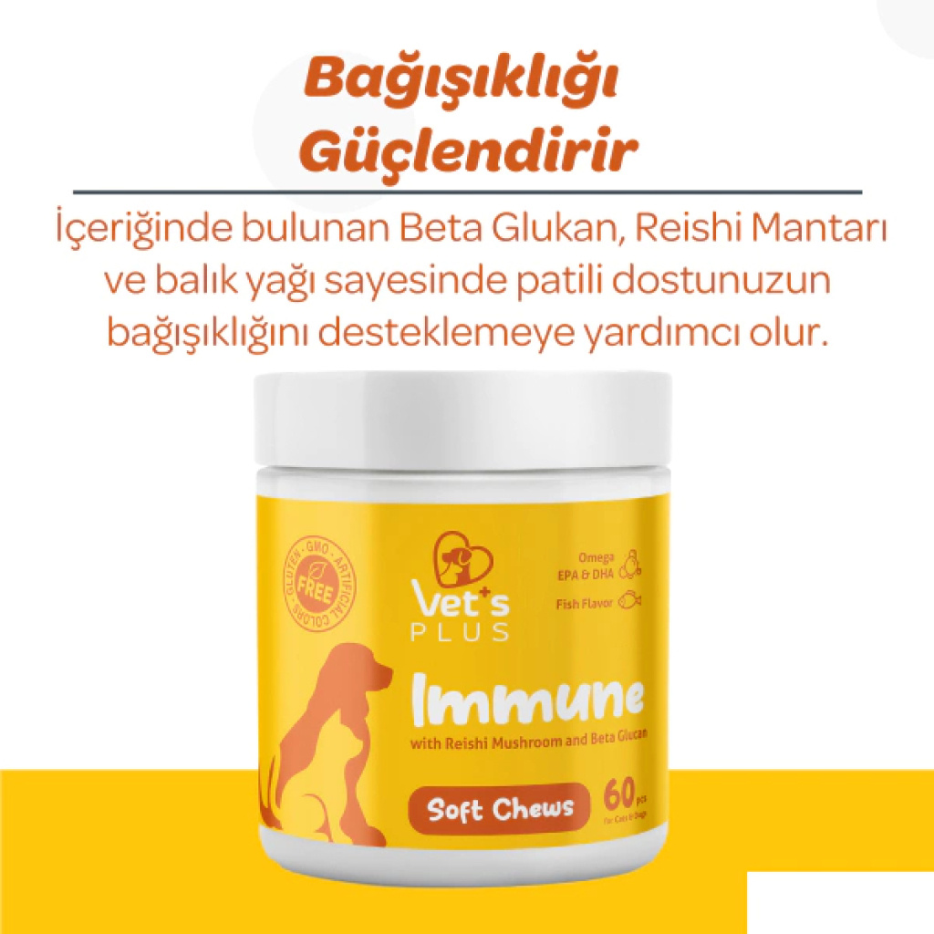 Vet's Plus Immune Kedi ve Köpekler İçin Bağışıklık Sistemi Destekleyici Çiğnenebilir Tablet (60'lı)