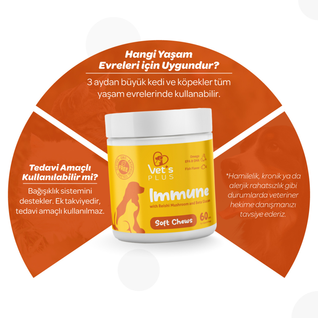 Vet's Plus Immune Kedi ve Köpekler İçin Bağışıklık Sistemi Destekleyici Çiğnenebilir Tablet (60'lı)