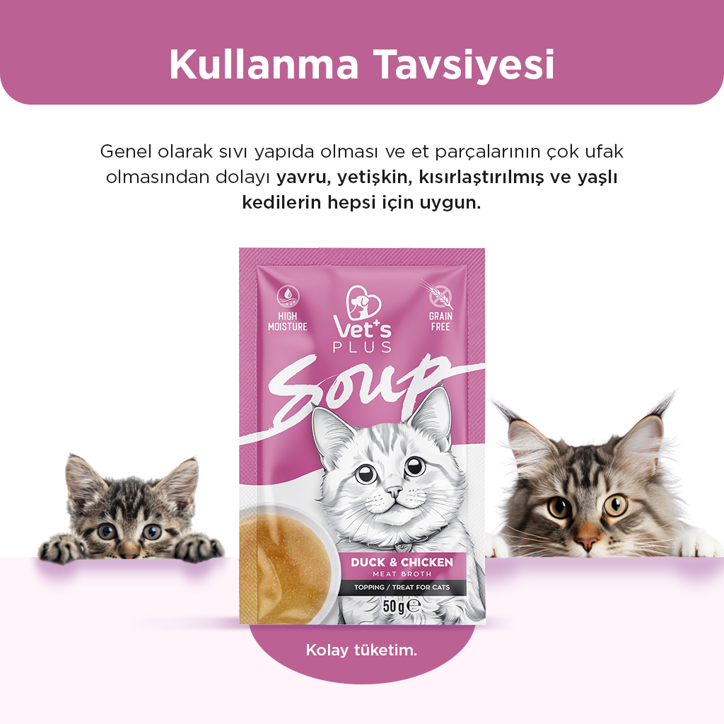 Vet's Plus Ördekli ve Tavuklu Tahılsız Kedi Çorbası 50gr