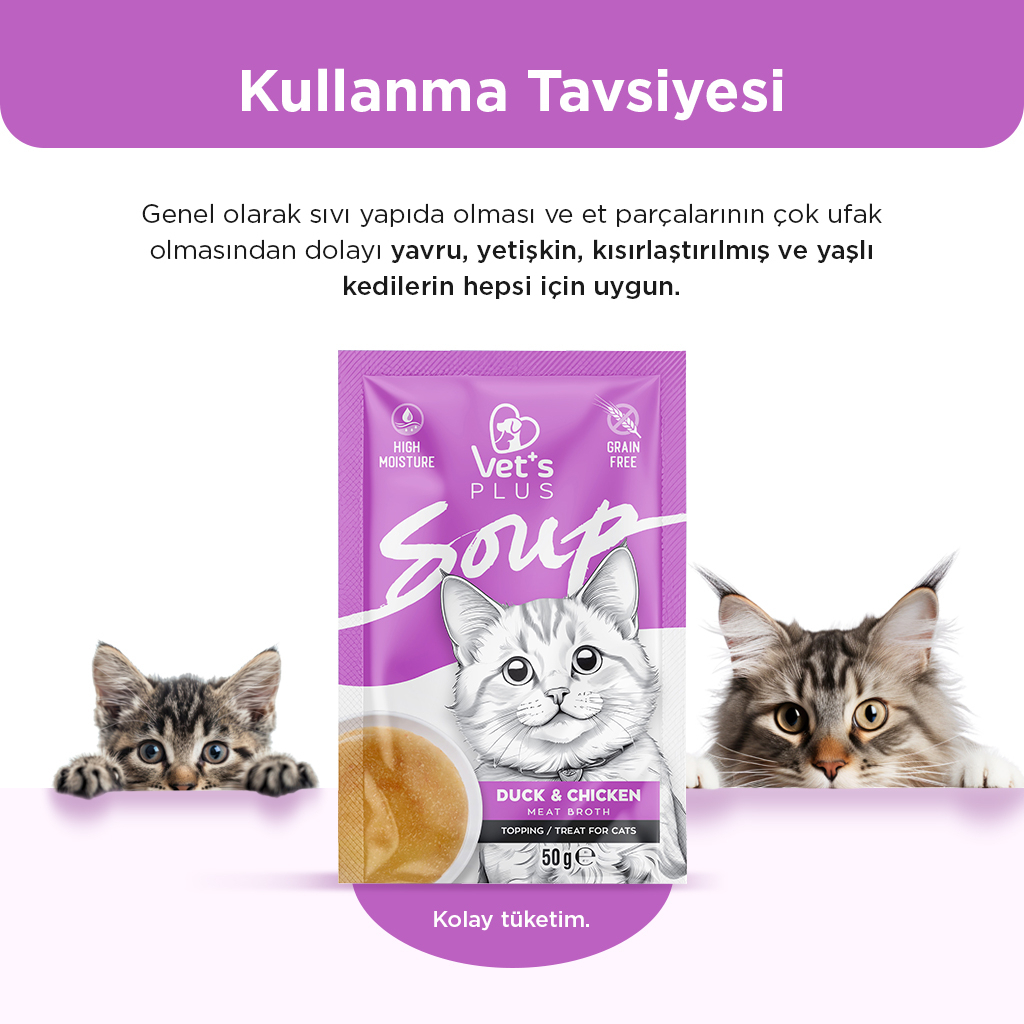 Vet's Plus Ördekli ve Tavuklu Tahılsız Kedi Çorbası 50gr