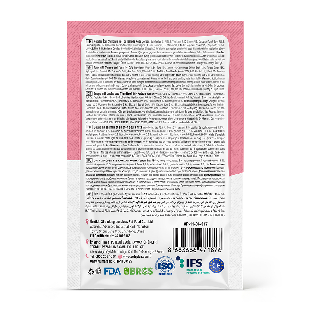 Vet's Plus Somonlu ve Ton Balıklı Tahılsız Kedi Çorbası 50gr