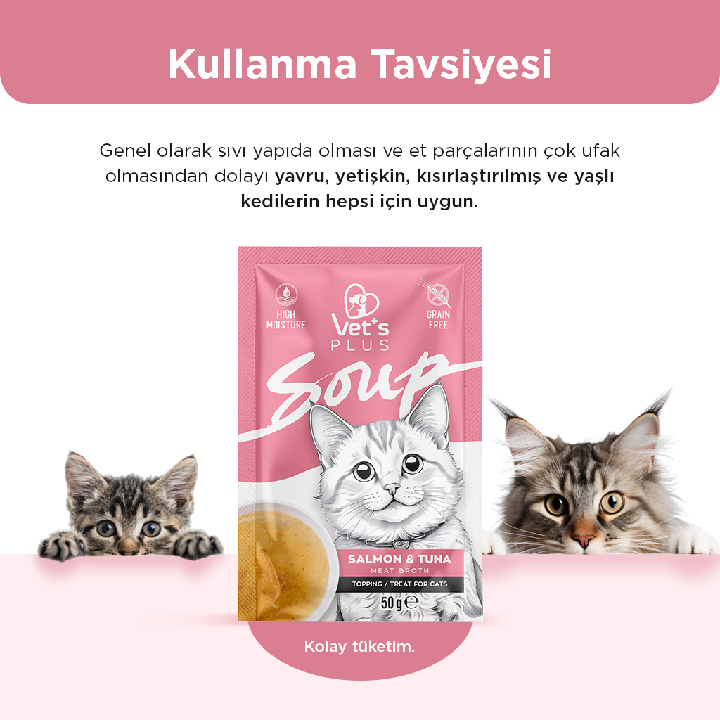 Vet's Plus Somonlu ve Ton Balıklı Tahılsız Kedi Çorbası 50gr (6 Adet)