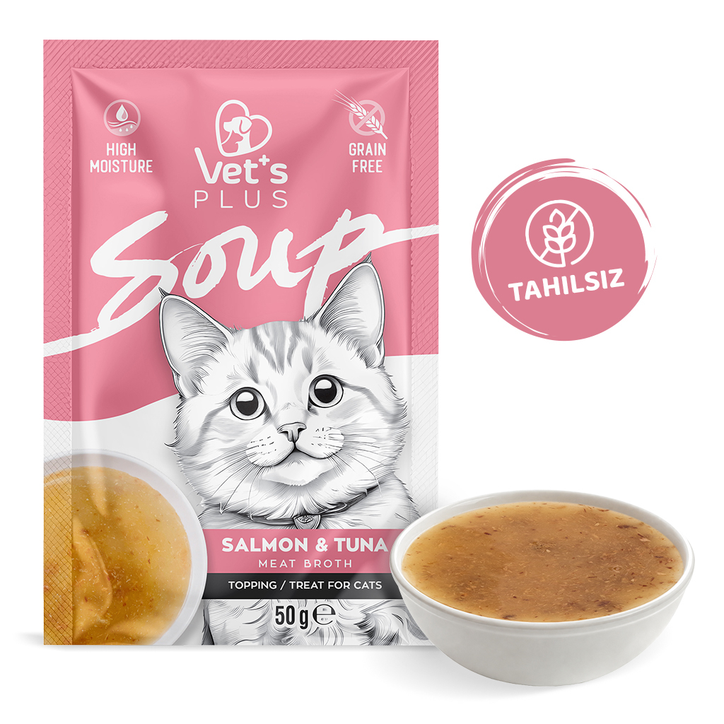 Vet's Plus Somonlu ve Ton Balıklı Tahılsız Kedi Çorbası 50gr (12 Adet)
