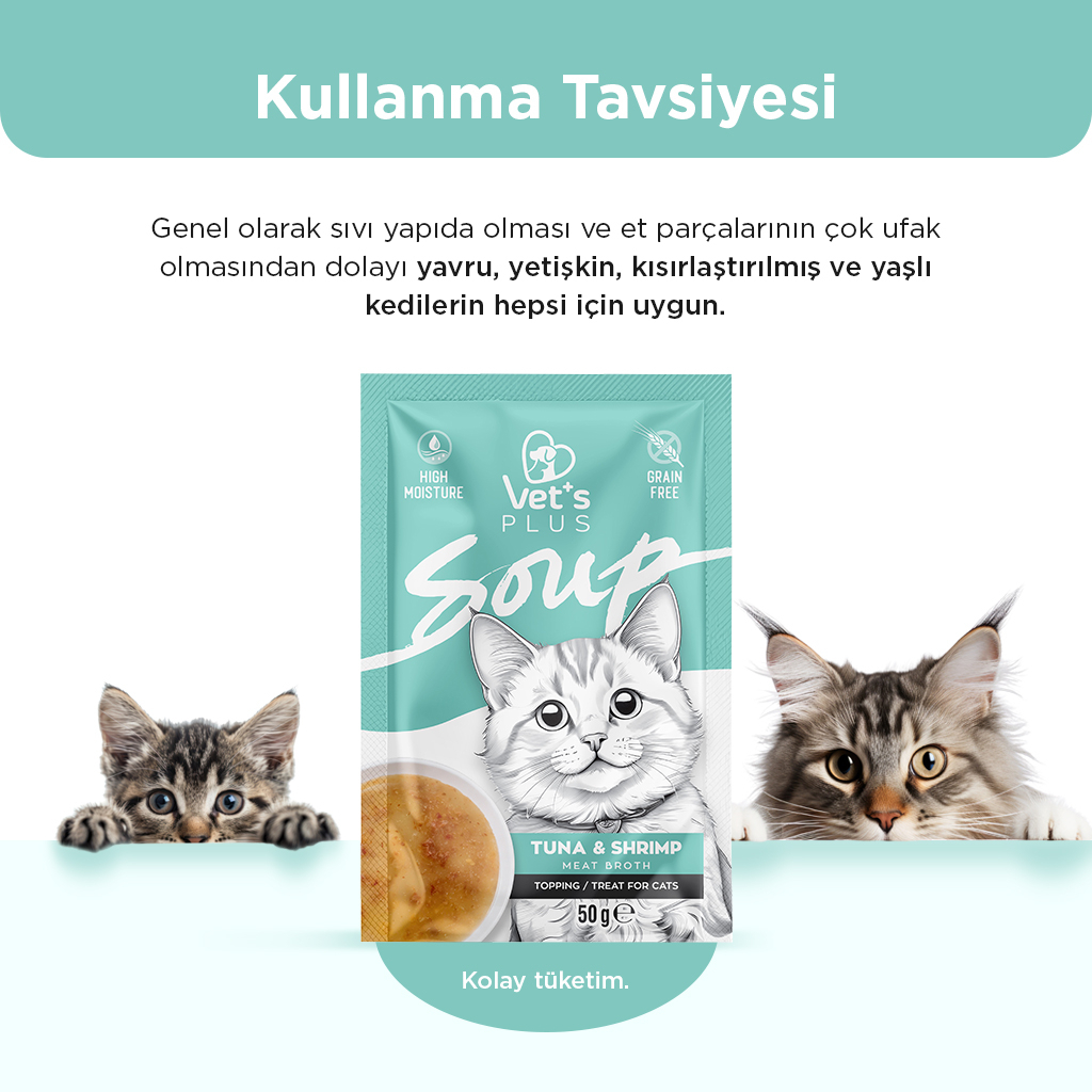 Vet's Plus Ton Balıklı ve Karidesli Tahılsız Kedi Çorbası 50gr (6 Adet)