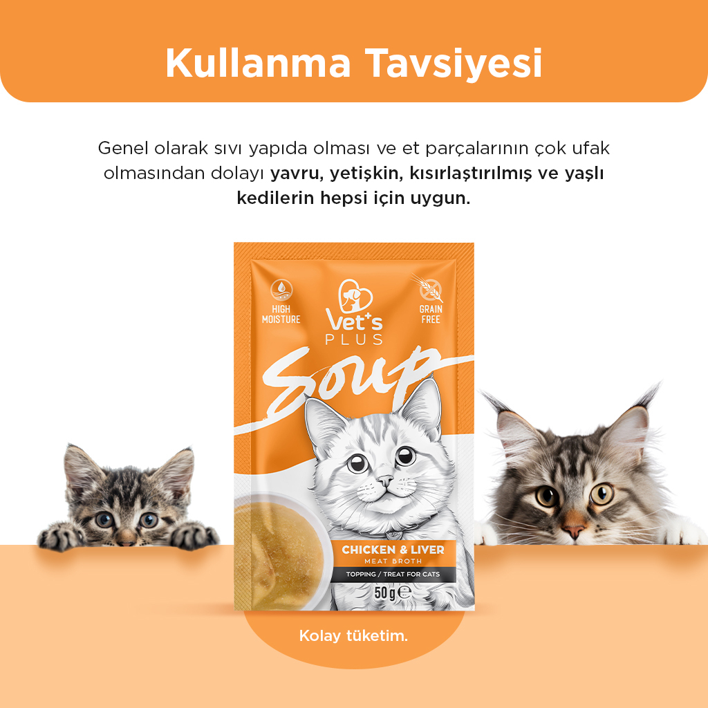 Vet's Plus Tavuklu ve Ciğerli Tahılsız Kedi Çorbası 50gr (6 Adet)