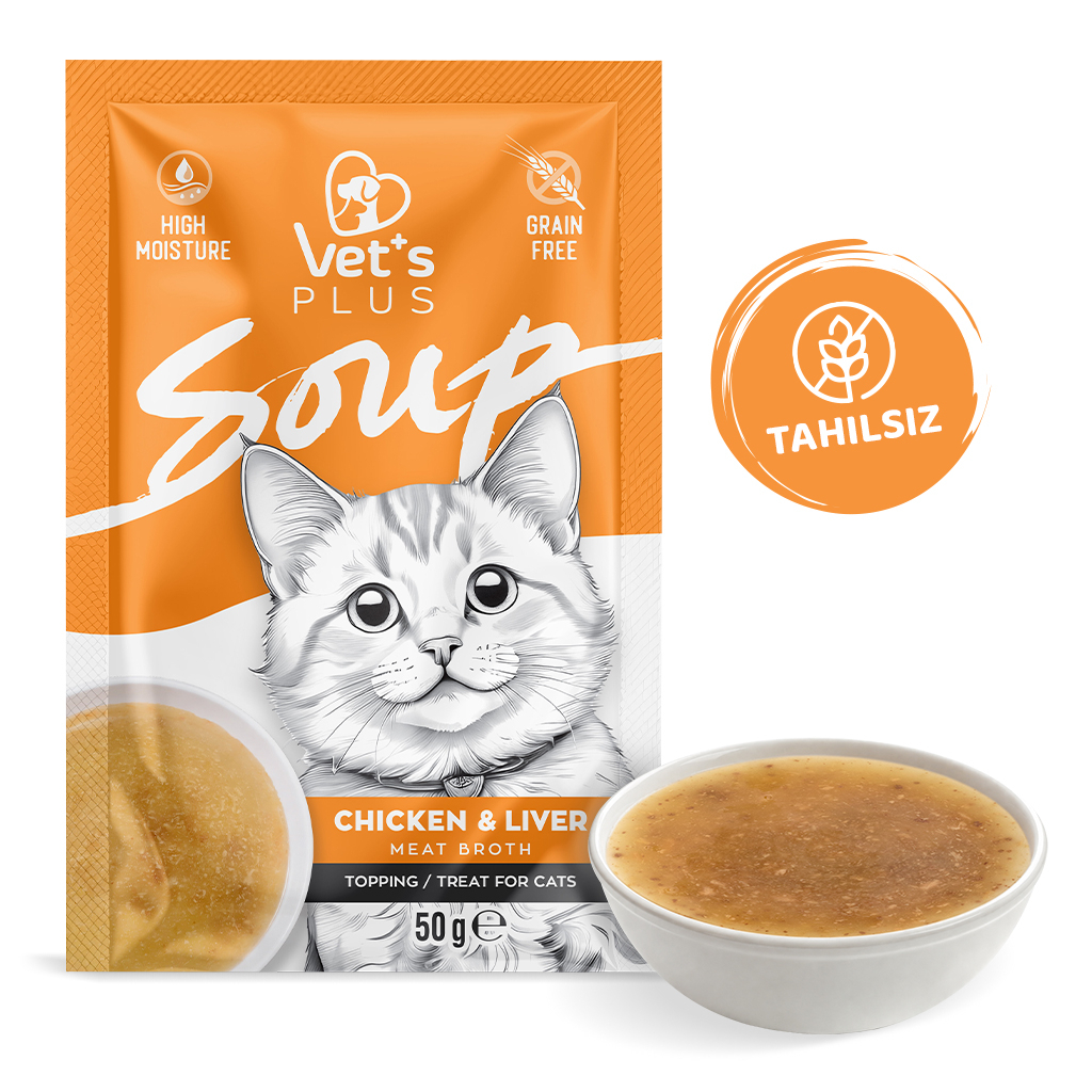 Vet's Plus Tavuklu ve Ciğerli Tahılsız Kedi Çorbası 50gr (12 Adet)
