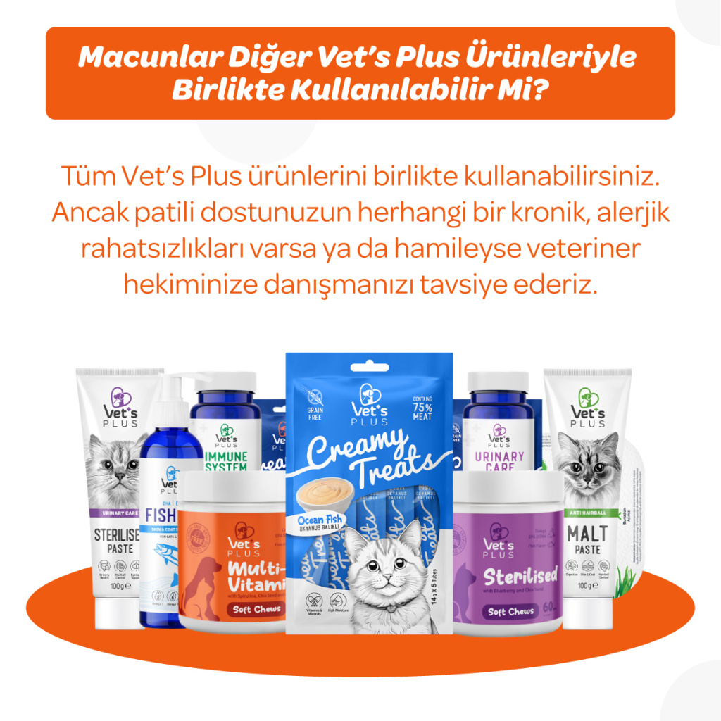 Vet's Plus Multi-Vitamin Taurinli Malt Kedi Macunu 100gr+5'li Krema Ödül HEDİYE!