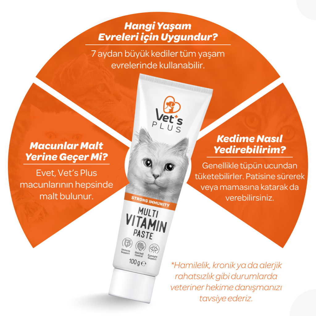 Vet's Plus Multi-Vitamin Taurinli Malt Kedi Macunu 100gr+5'li Krema Ödül HEDİYE!