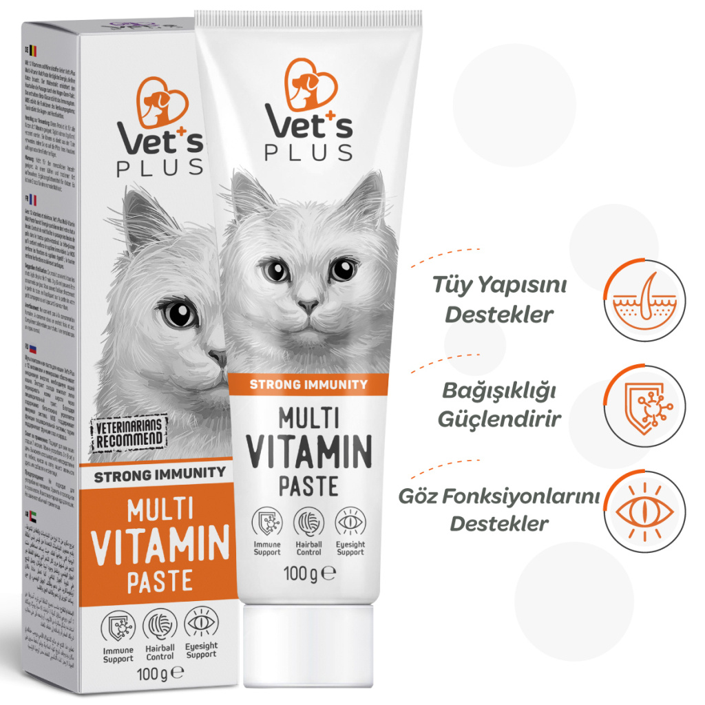 Vet's Plus Multi-Vitamin Taurinli Malt Kedi Macunu 100gr+5'li Krema Ödül HEDİYE!