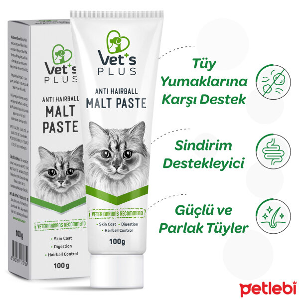 Vet's Plus Anti-Hairball Sağlıklı Tüyler İçin Malt Kedi Macunu 100gr