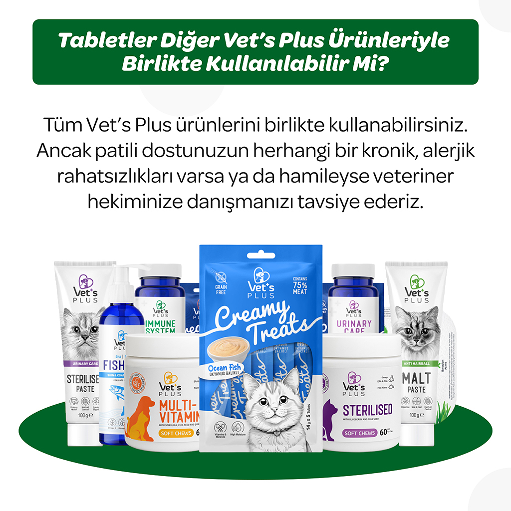 Vet's Plus Hairball Kediler İçin Malt ve Kinoalı Tüy Yumağı Önleyici Çiğnenebilir Tablet (60'lı)