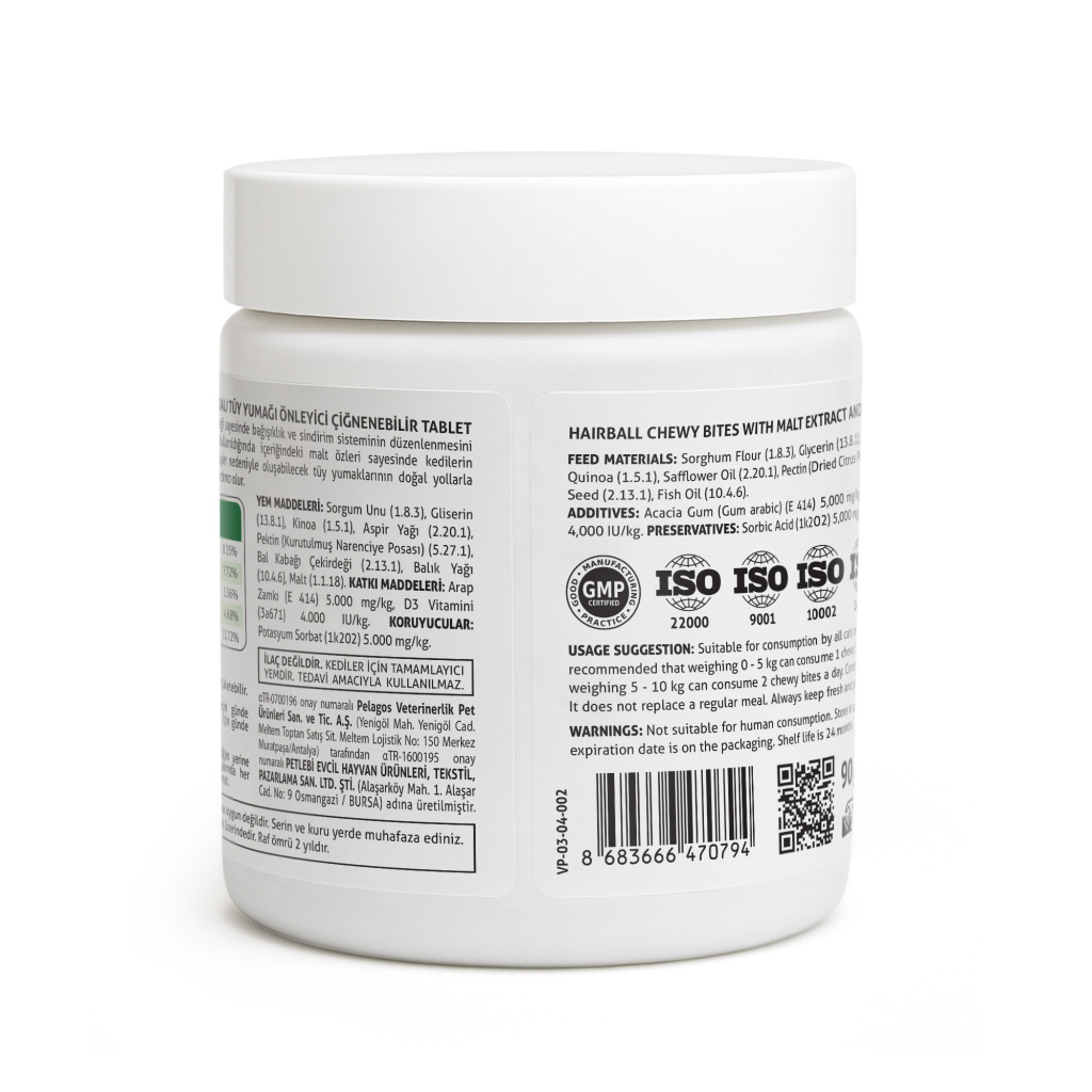 Vet's Plus Hairball Kediler İçin Malt ve Kinoalı Tüy Yumağı Önleyici Çiğnenebilir Tablet (60'lı)