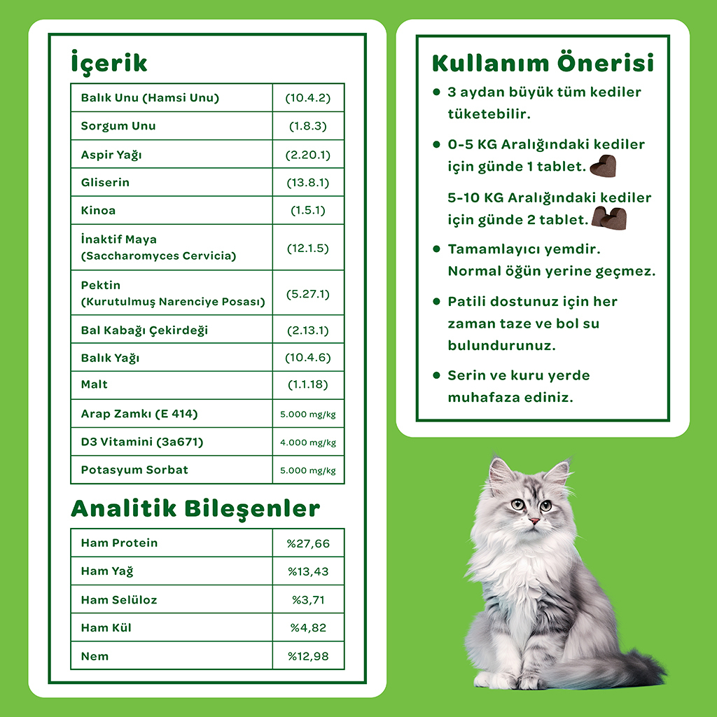 Vet's Plus Hairball Kediler İçin Malt ve Kinoalı Tüy Yumağı Önleyici Çiğnenebilir Tablet (60'lı)