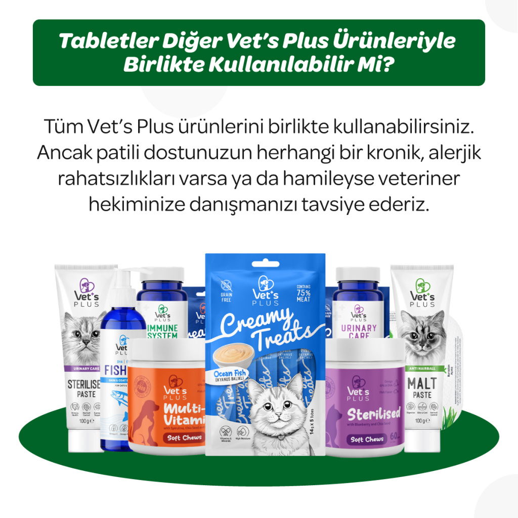 Vet's Plus Hairball Kediler İçin Malt ve Kinoalı Tüy Yumağı Önleyici Çiğnenebilir Tablet (60'lı)