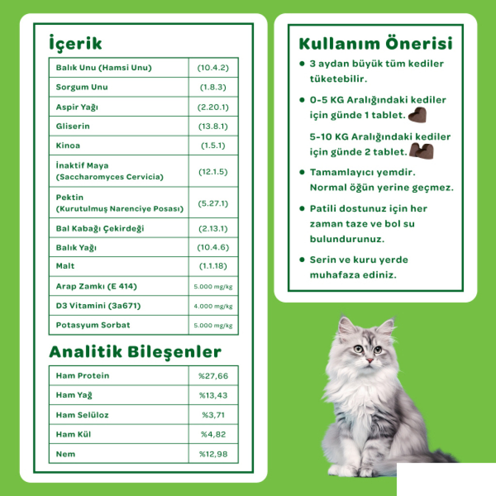 Vet's Plus Hairball Kediler İçin Malt ve Kinoalı Tüy Yumağı Önleyici Çiğnenebilir Tablet (60'lı)