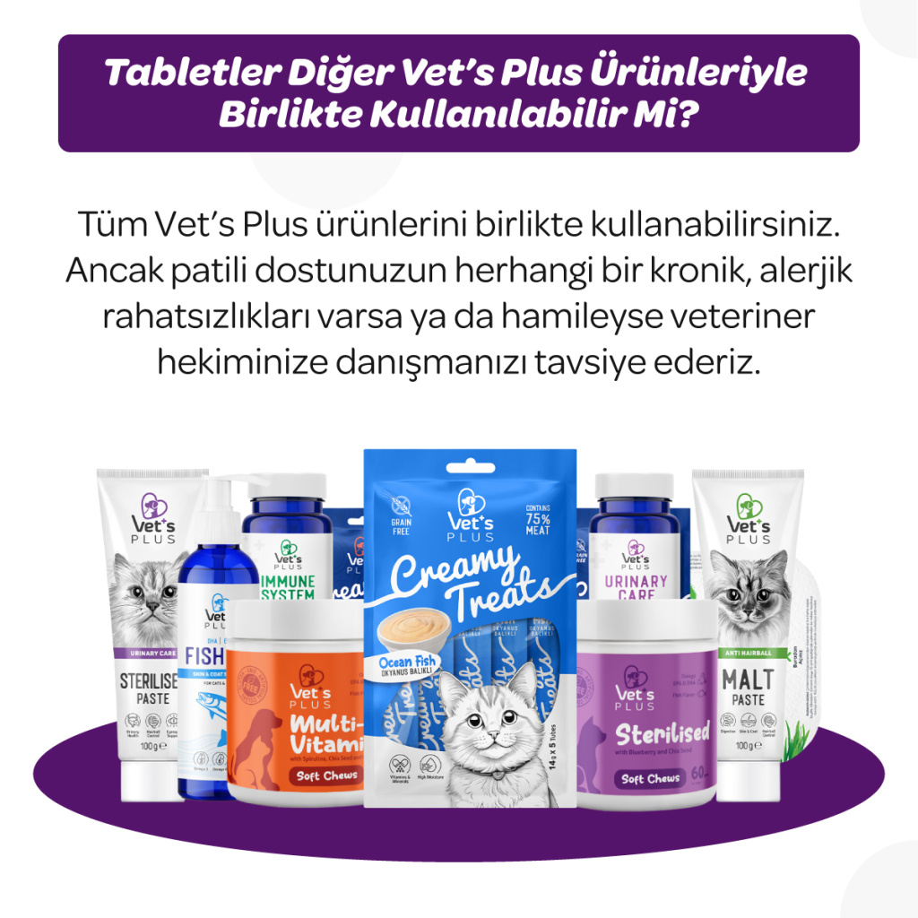Vet's Plus Sterilised Kısırlaştırılmış Kediler İçin Çiğnenebilir Tablet (60'lı)+Tüy Toplama HEDİYE!