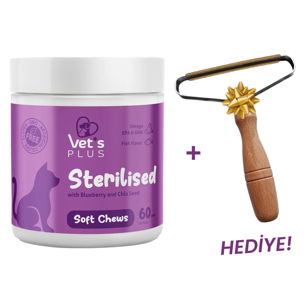 Vet's Plus Sterilised Kısırlaştırılmış Kediler İçin Çiğnenebilir Tablet (60'lı)+Tüy Toplama HEDİYE!