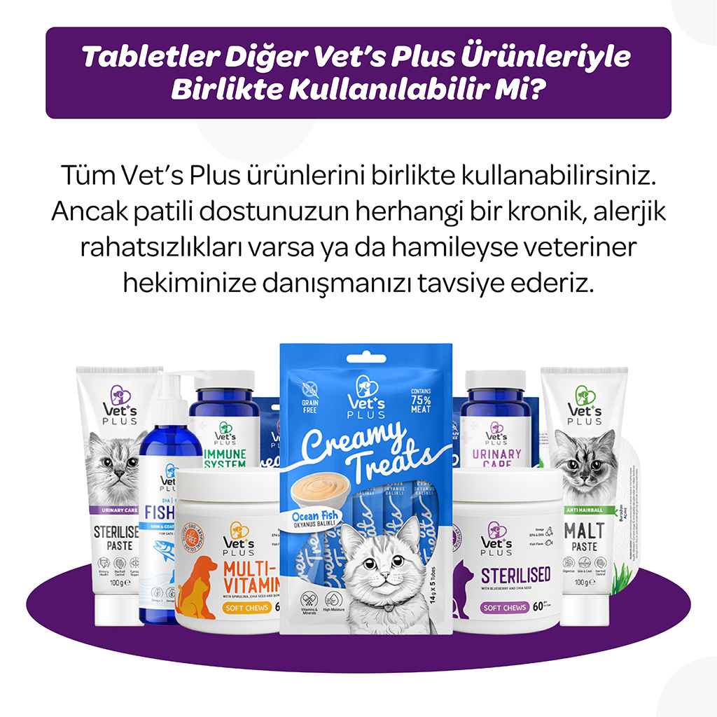 Vet's Plus Sterilised Kısırlaştırılmış Kediler İçin Yaban Mersinli Çiğnenebilir Tablet (60'lı)