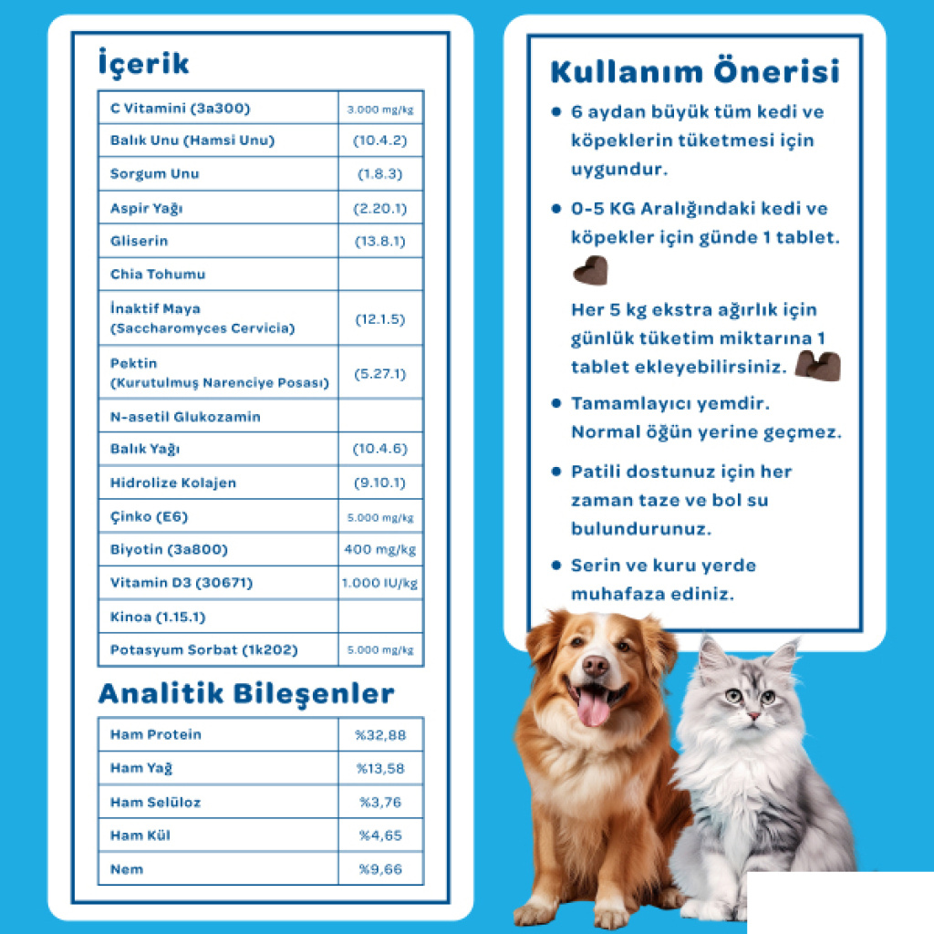 Vet's Plus Derma Care Kedi ve Köpekler İçin Deri ve Tüy Yapısı Desteği Çiğnenebilir Tablet (60'lı)