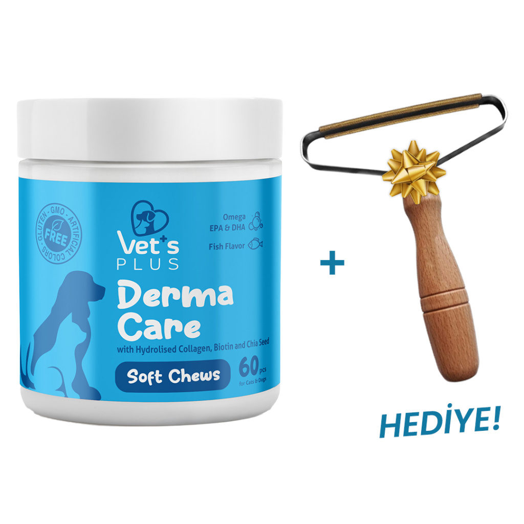 Vet's Plus Derma Care Kedi ve Köpekler İçin Çiğnenebilir Tablet (60'lı)+Tüy Toplama HEDİYE!