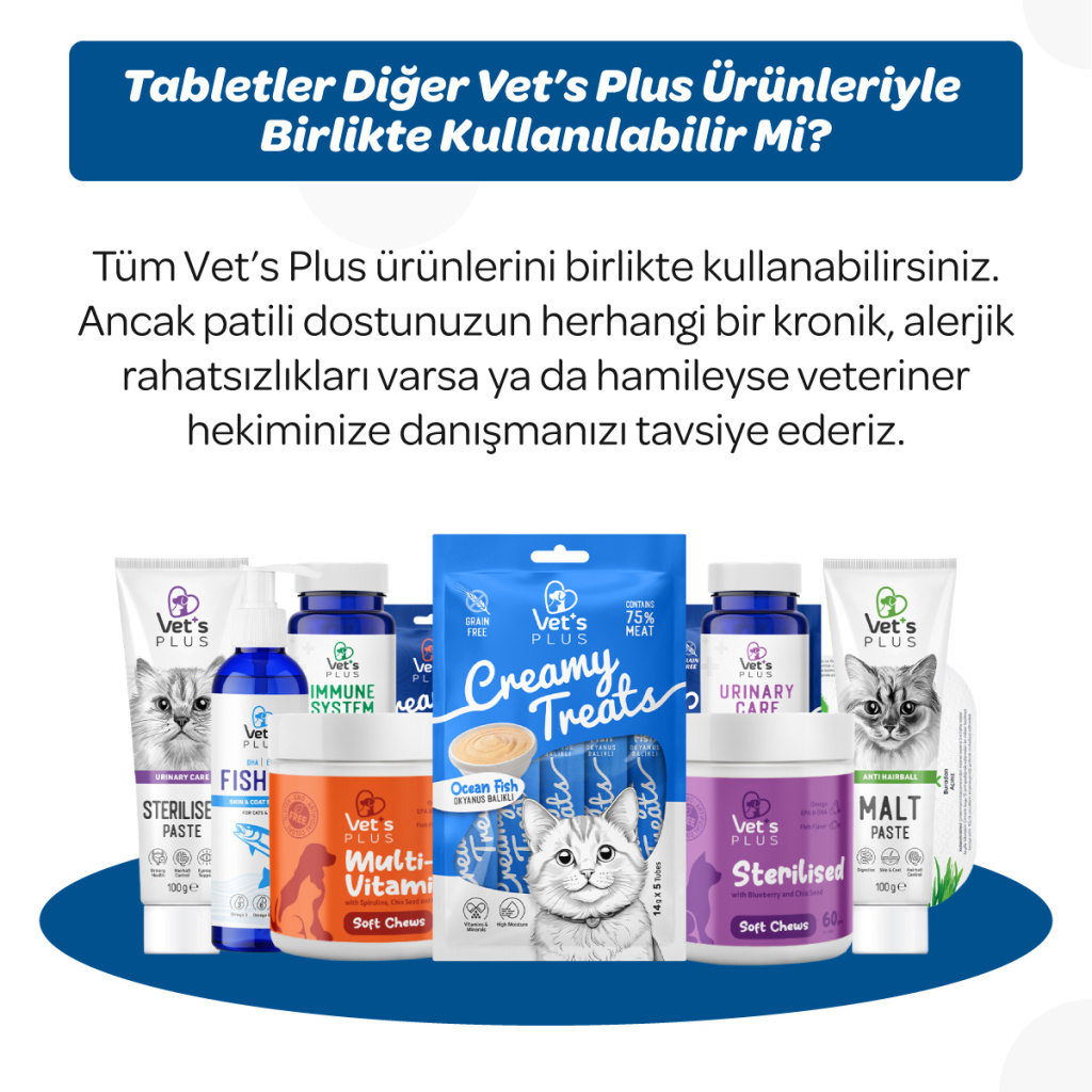 Vet's Plus Derma Care Kedi ve Köpekler İçin Deri ve Tüy Yapısı Desteği Çiğnenebilir Tablet (60'lı)