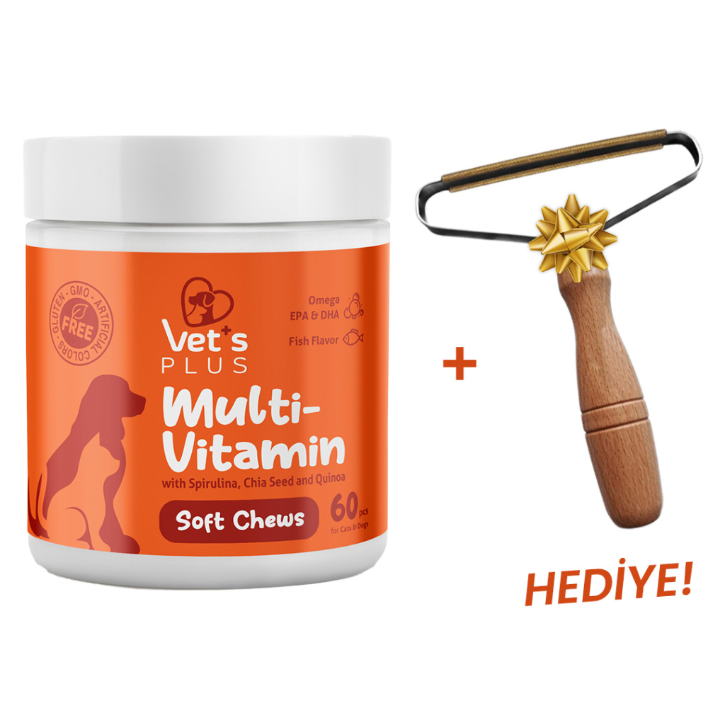 Vet's Plus Multi-Vitamin Kedi ve Köpekler İçin Çiğnenebilir Tablet (60'lı)+Tüy Toplama HEDİYE!