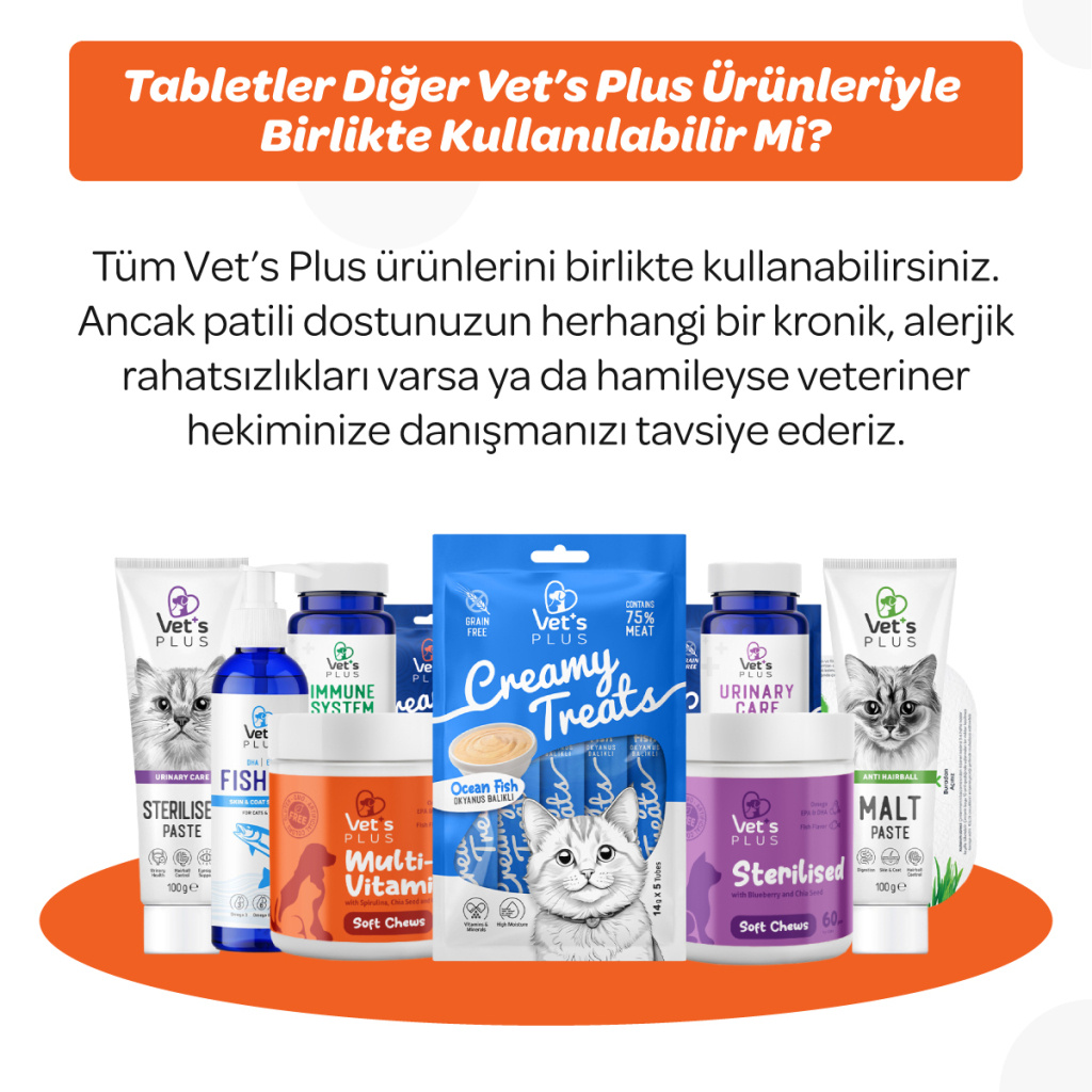 Vet's Plus Multi-Vitamin Kedi ve Köpekler İçin Spirulinalı Vitamin Çiğnenebilir Tablet (60'lı)