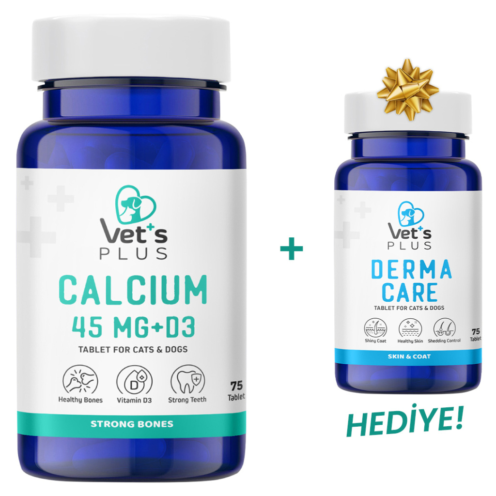 Vet's Plus Calcium Kedi ve Köpekler İçin Kalsiyum Tablet (75'li)+Derma Care Tablet HEDİYE!
