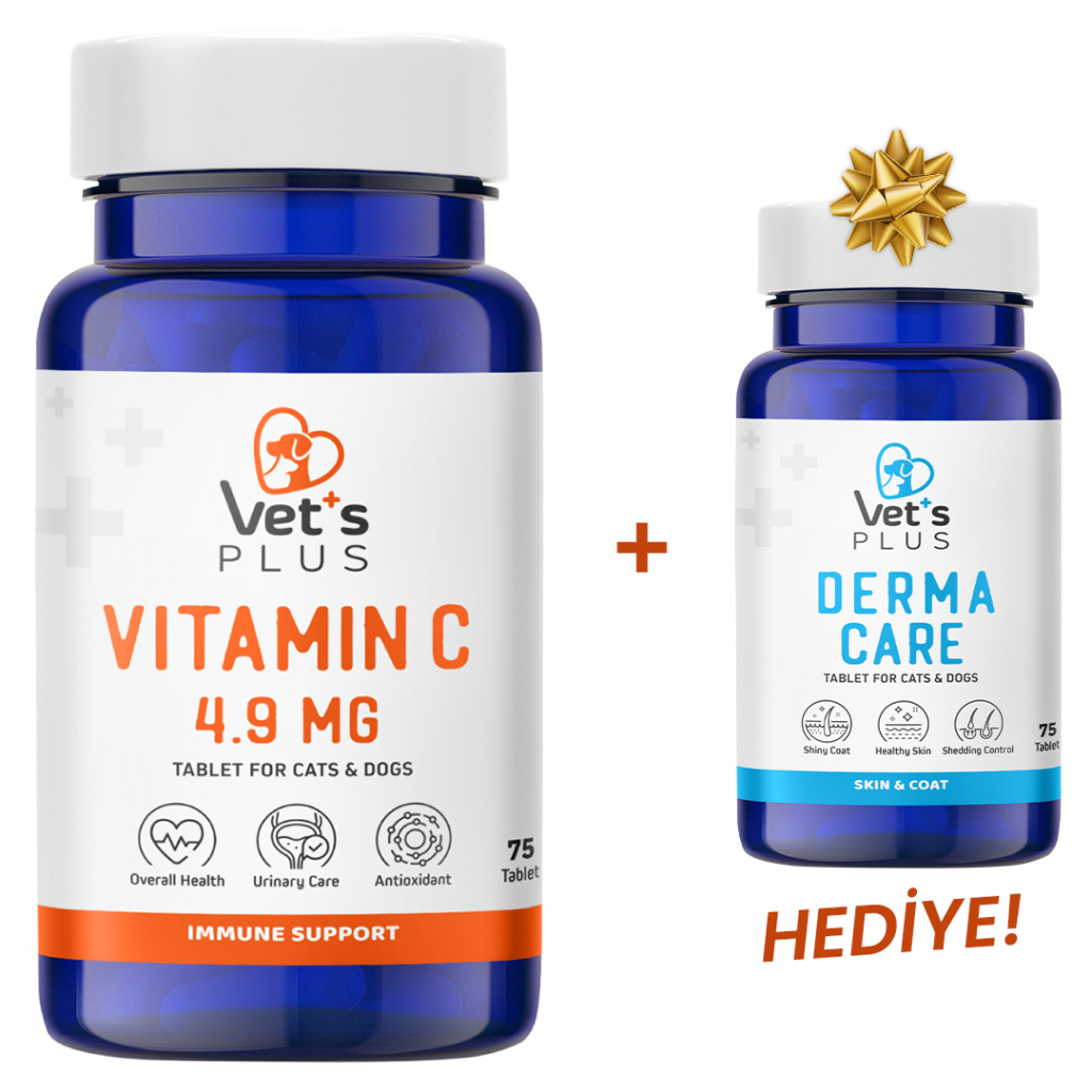 Vet's Plus C Vitamin Kedi ve Köpekler İçin Vitamin Tablet (75'li)+Derma Care Tablet HEDİYE!