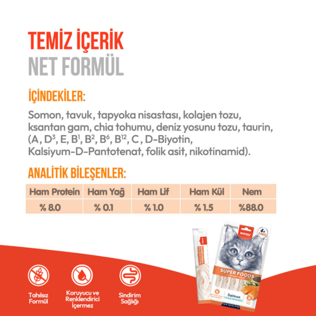 Wanpy Super Foods Somon Chia ve Deniz Yosunlu Kedi Krema Ödül Maması 14gr (5'li)