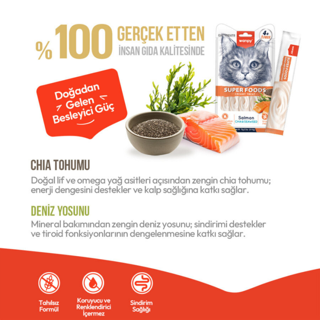 Wanpy Super Foods Somon Chia ve Deniz Yosunlu Kedi Krema Ödül Maması 14gr (5'li)