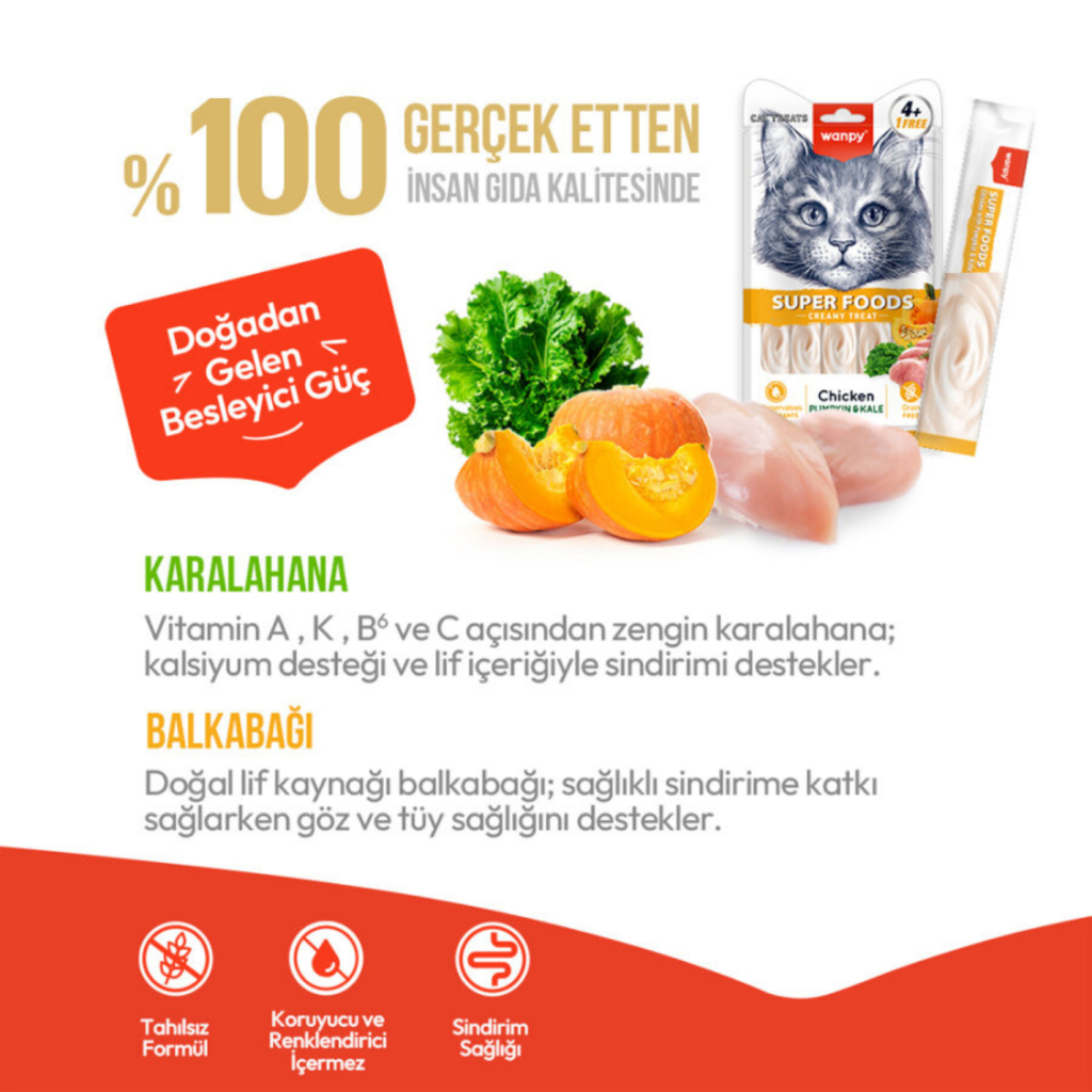 Wanpy Super Foods Balkabağı ve Kara Lahanalı Kedi Krema Ödül Maması 14gr (5'li)