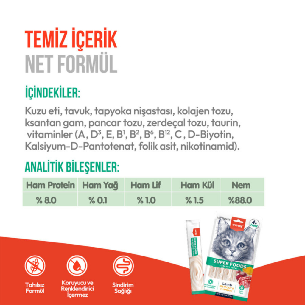 Wanpy Super Foods Kuzu Pancar ve Zerdeçallı Kedi Krema Ödül Maması 14gr (5'li)
