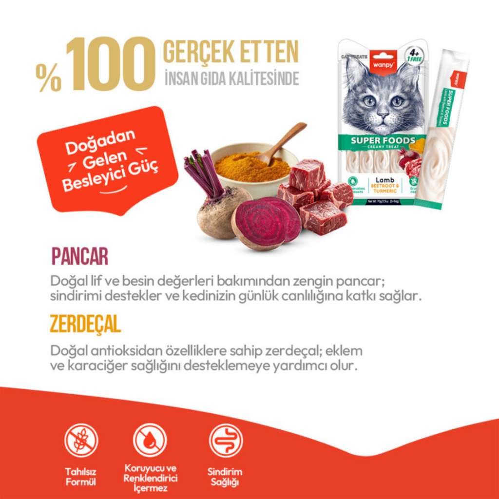 Wanpy Super Foods Kuzu Pancar ve Zerdeçallı Kedi Krema Ödül Maması 14gr (5'li)