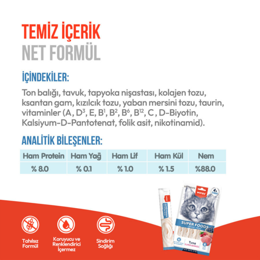 Wanpy Super Foods Ton Balıklı Yaban Mersinli ve Kızılcıklı Kedi Krema Ödül Maması 14gr (5'li)