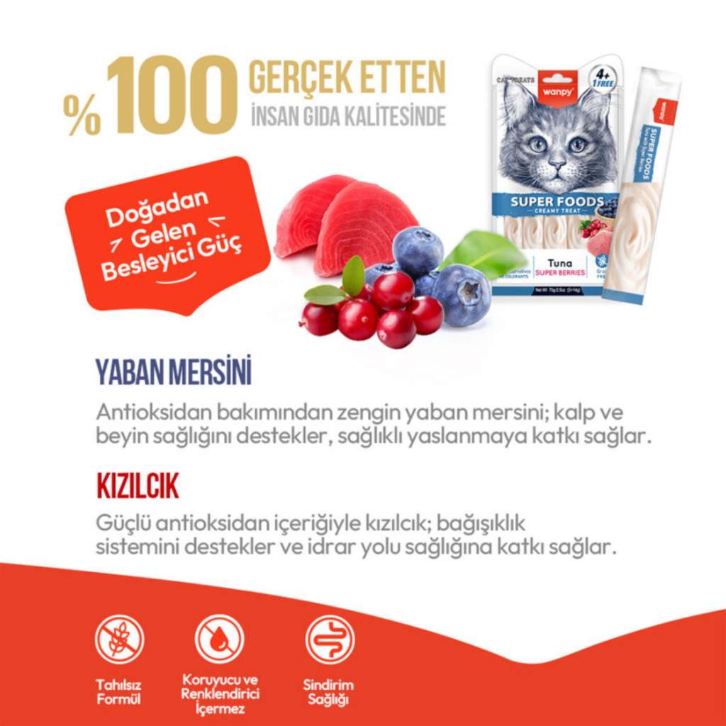 Wanpy Super Foods Ton Balıklı Yaban Mersinli ve Kızılcıklı Kedi Krema Ödül Maması 14gr (5'li)