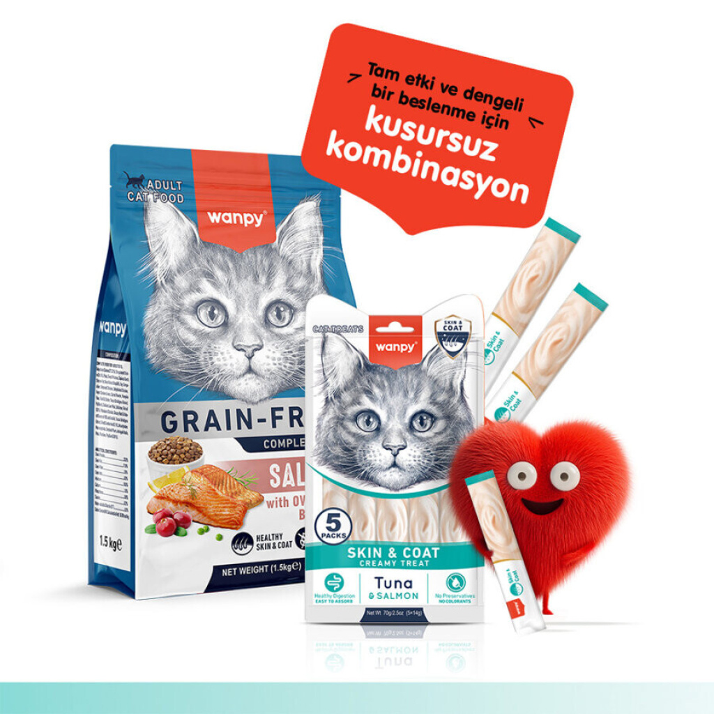 Wanpy Skin&Coat Ton Balıklı ve Somonlu Tüy Sağlığı Destekleyici Krema Kedi Ödül Maması 14gr (5'li)