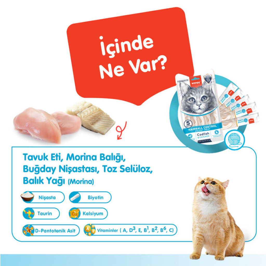 Wanpy Hairball Control Morinalı ve Tavuklu Tüy Yumağı Önleyici Krema Kedi Ödül Maması 14gr (5'li)