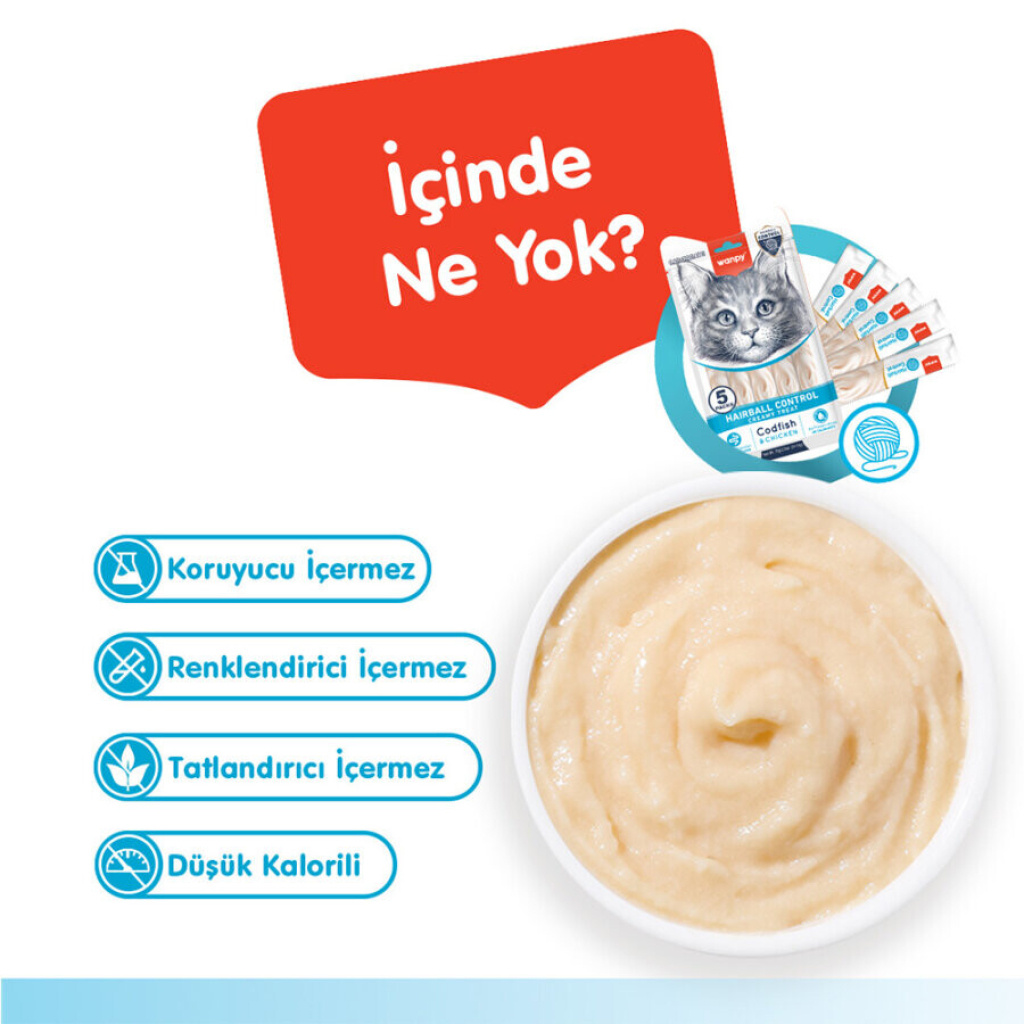 Wanpy Hairball Control Morinalı ve Tavuklu Tüy Yumağı Önleyici Krema Kedi Ödül Maması 14gr (5'li)