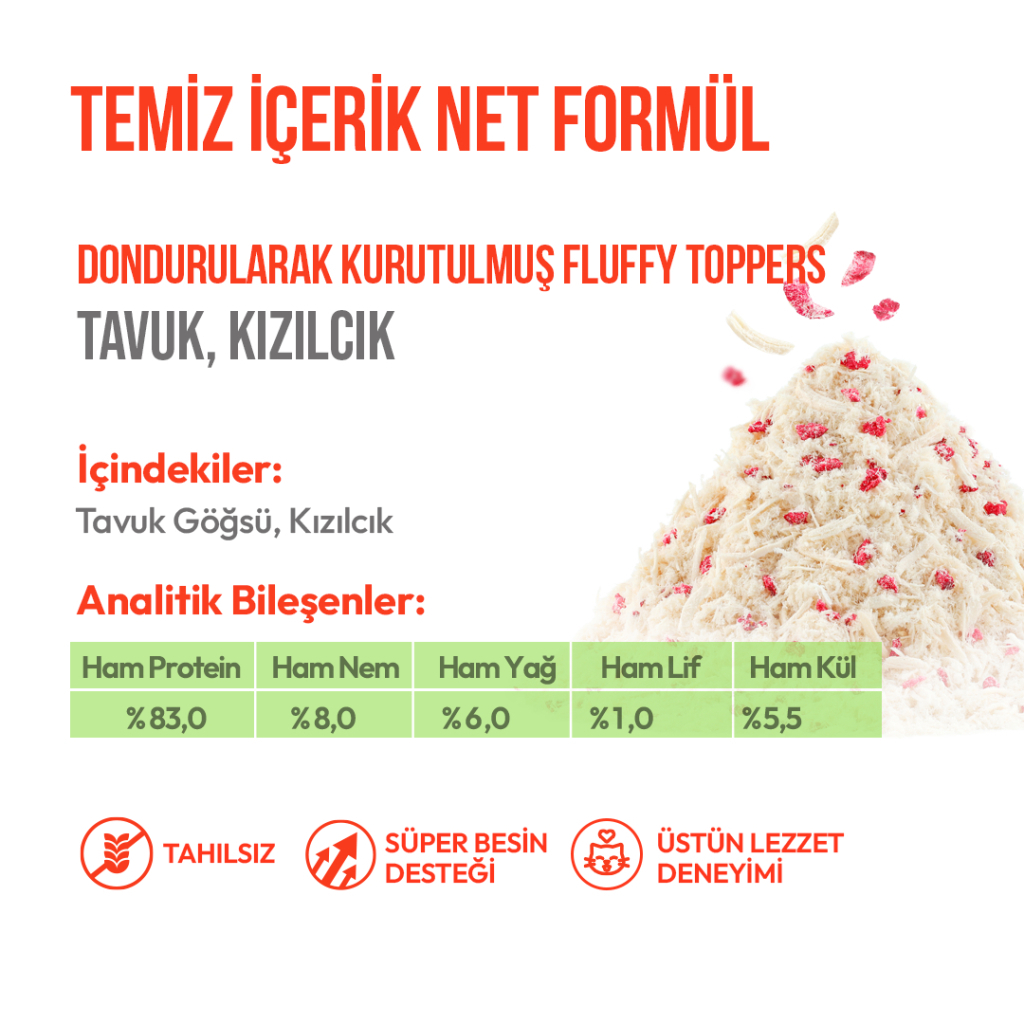 Wanpy Fluffy Topper Dondurularak Kurutulmuş Tavuklu ve Kızılcıklı Kedi Ödül Maması 30gr